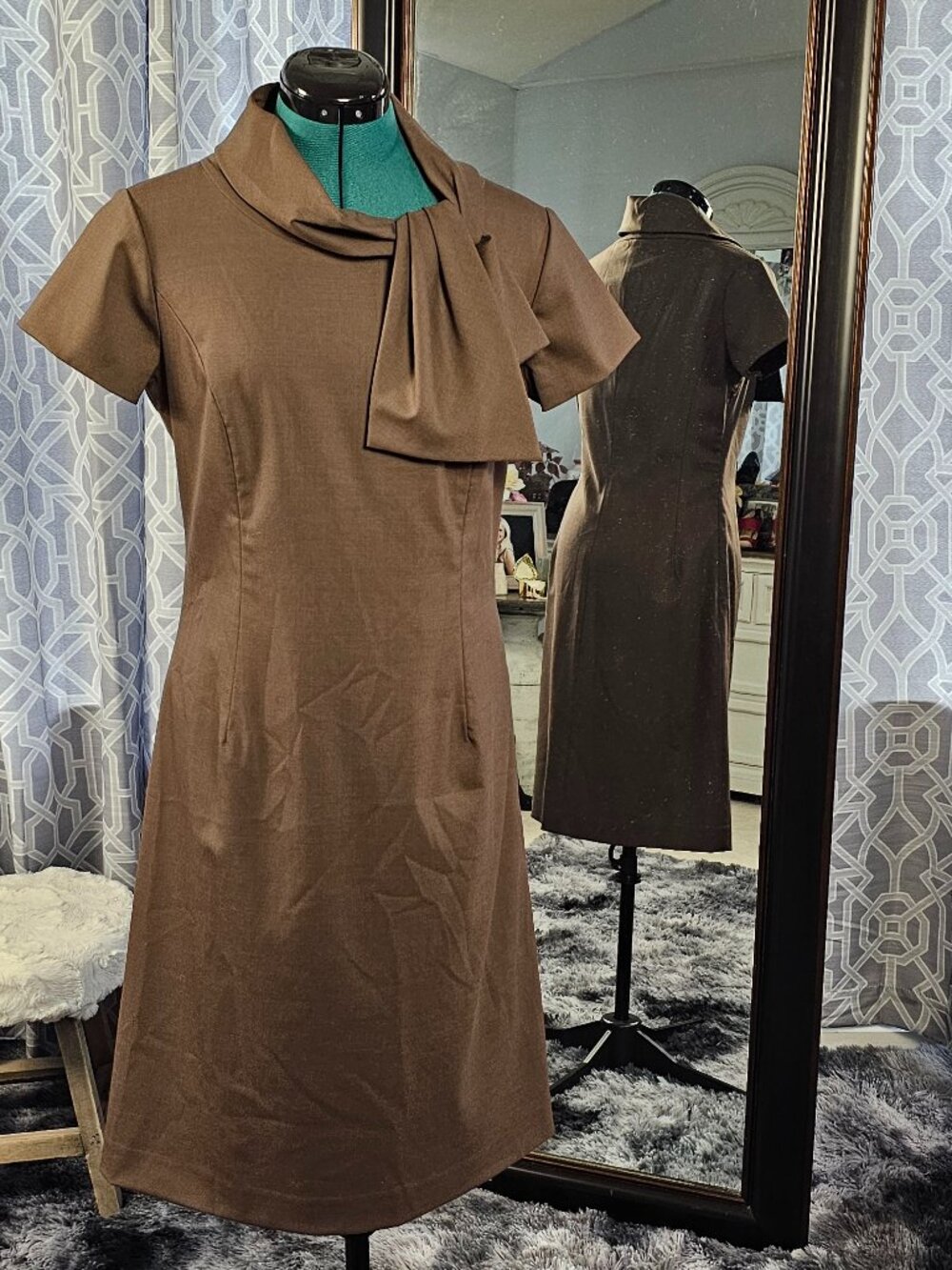 Neiman Marcus Exclusive Bow‑Neck Wool‑Blend Sheath Dress, Size 8, Vintage